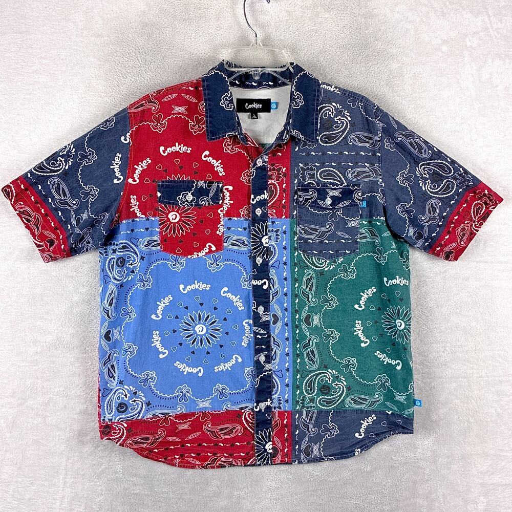 Cookies Shirt Mens L Blue Red Bandana Paisley Streetwear Summer Indie LA SF 90s